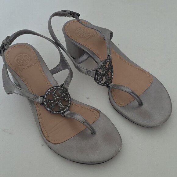 TORY BURCH | Silver Logo Thong Sandals Heels Sz 6M - Picture 2 of 6